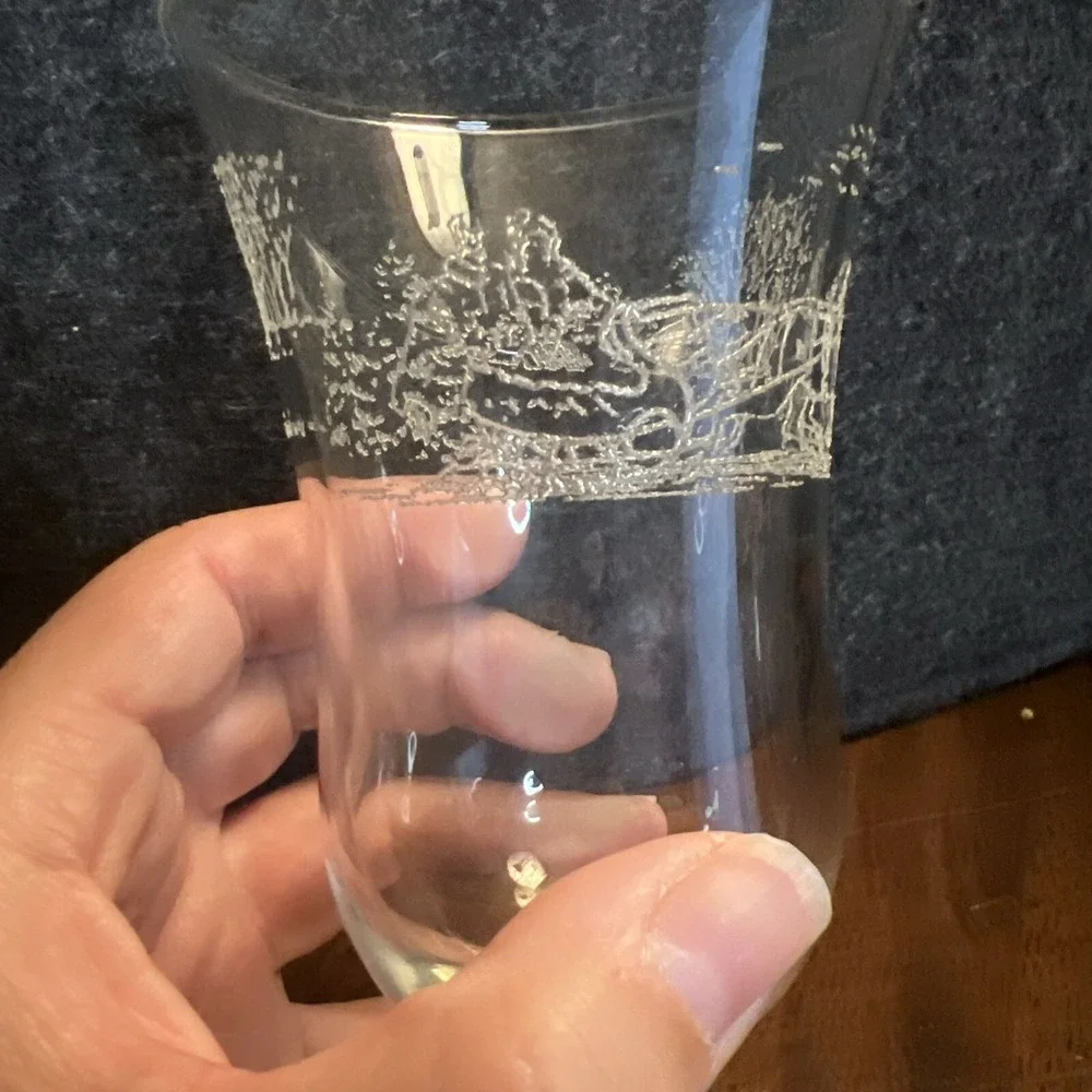 Homco Etched Glass Santa Sleigh Christmas Scene Votive Cup Candle Holder Vintage
